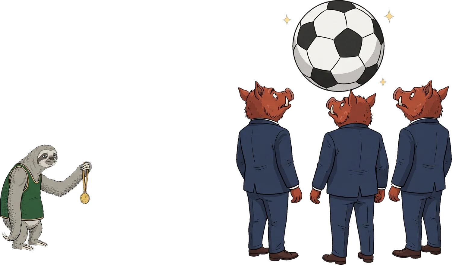 Tres jabalíes ejecutivos miran embelesados un balón gigante mientras un perezoso deportista intenta llamar su atención