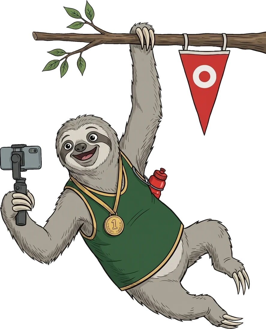 Un oso perezoso deportista, colgado de una rama, se graba sonriente con su medalla para una activación de marca